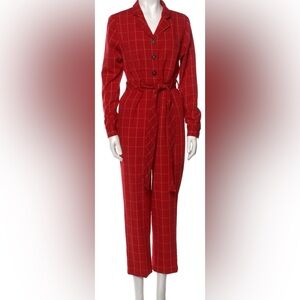 Pearl By Lela Rose  Sz 6 Red Windowpane Jumpsuit Tailored Long Sleeve